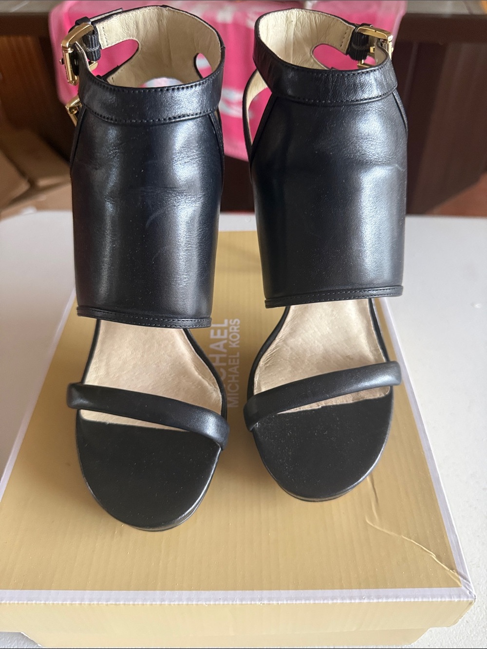 Michael Kors Black Leather Open-Toe Ankle-Cuff Heels